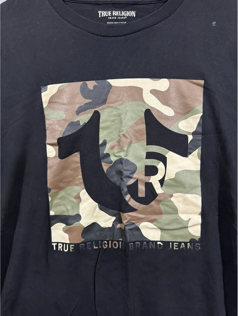 True Religion Mens Size M Black Short Sleeve Camo Box Logo Graphic T-Shirt